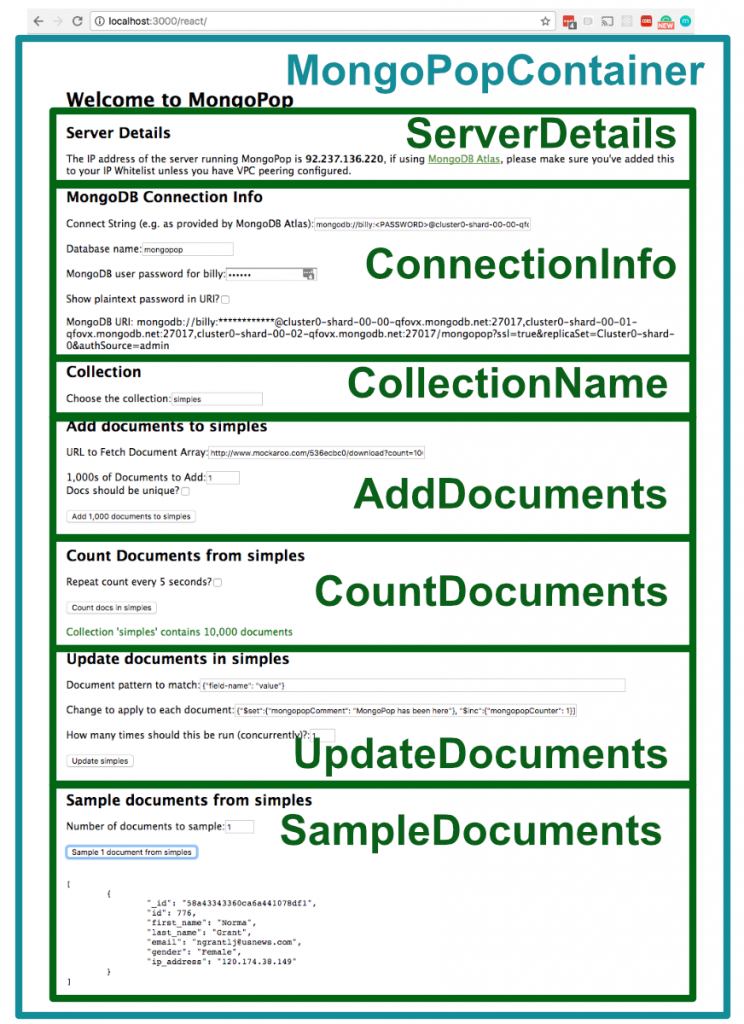 ReactJS components making up the Mongopop client app