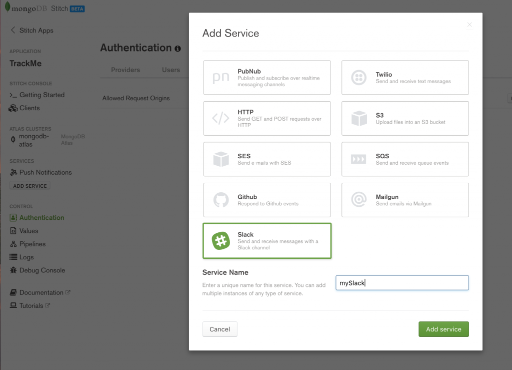 MongoDB Stitch, adding Slack service