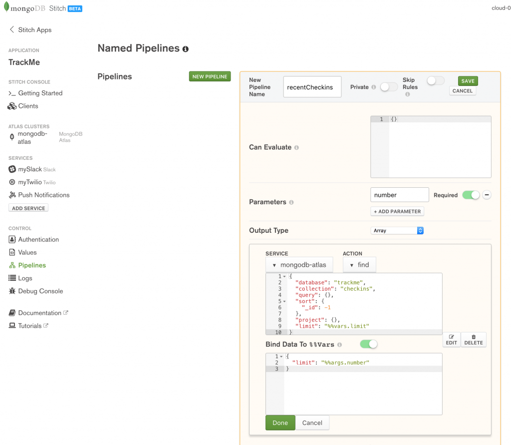 Creating MongoDB Stitch named pipeline