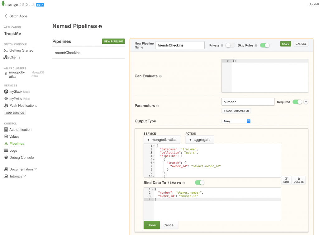 Define friendsCheckin named pipeline in MongoDB Stitch