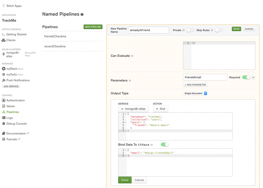 Define the alreadyAFriend named pipeline in MongoDB Stitch