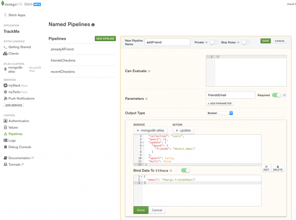 Define the addFriend named pipeline in MongoDB Stitch