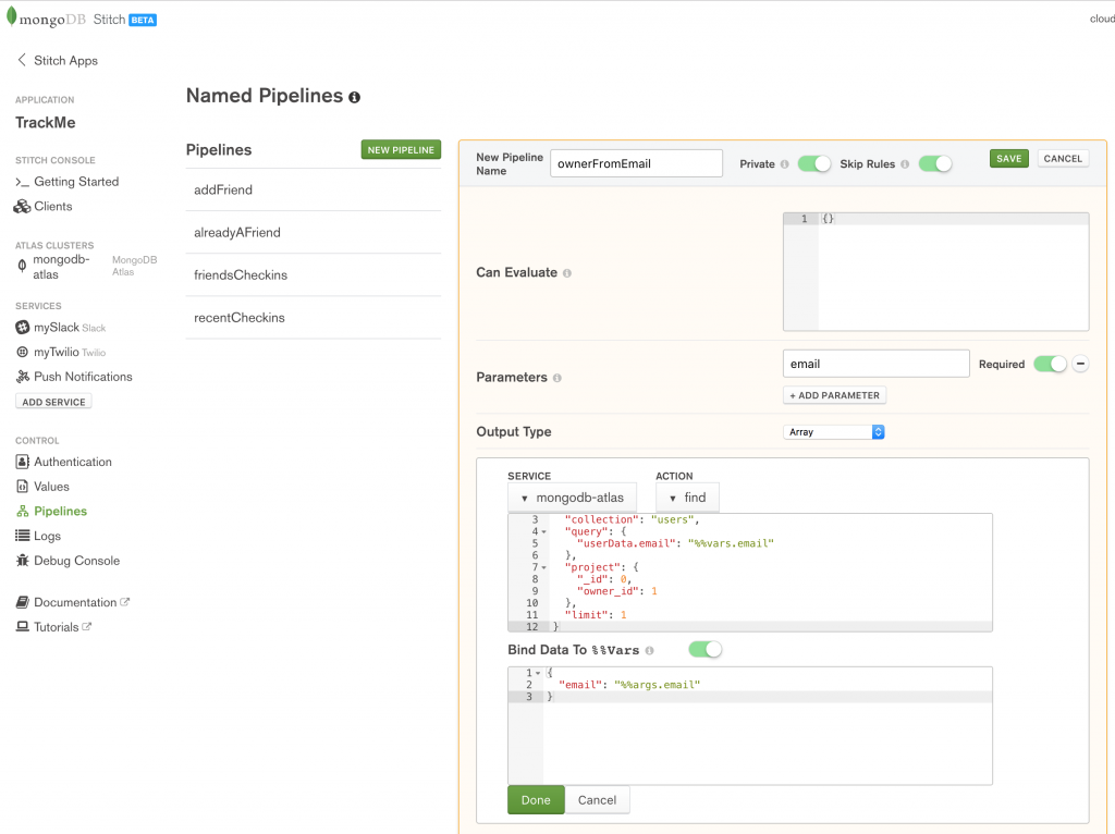 Define the ownerFromEmail named pipeline in MongoDB Stitch