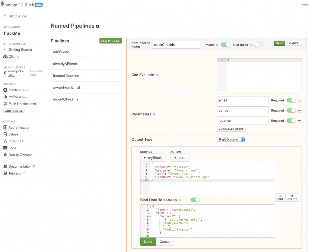 Define the slackCheckin named pipeline in MongoDB Stitch