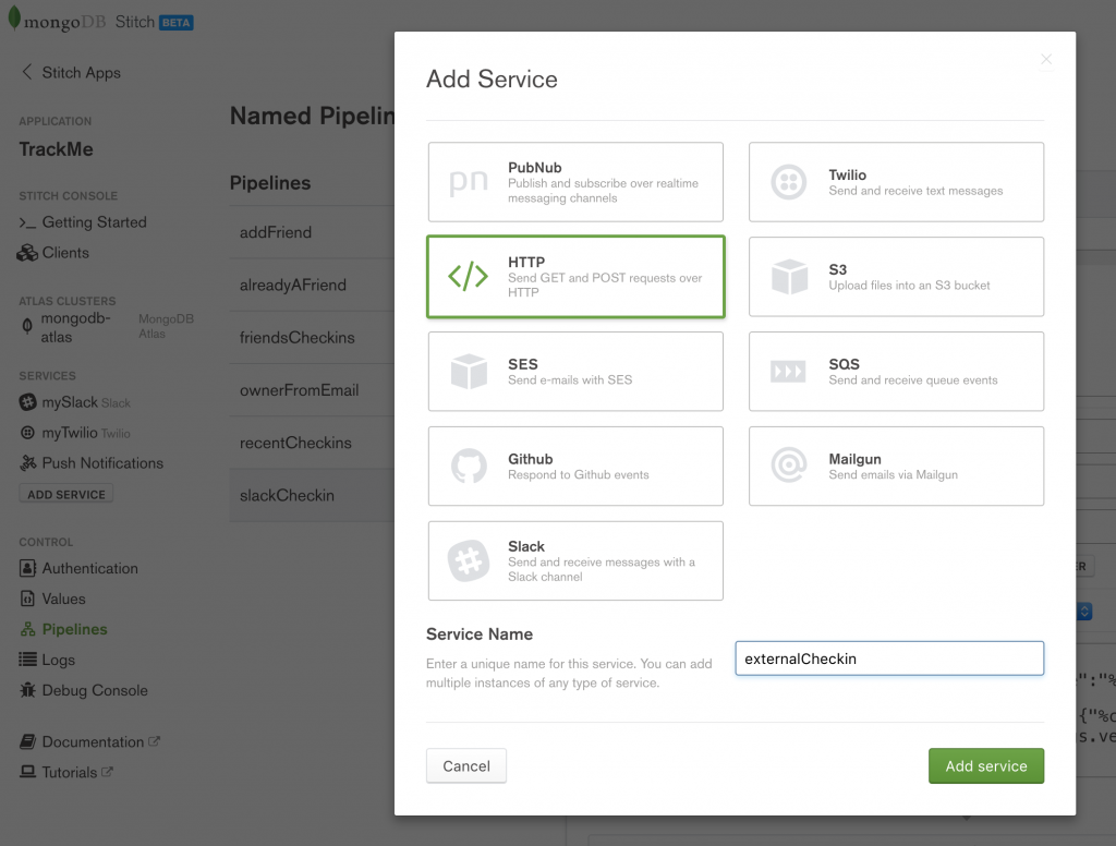 Create externalCheckin HTTP service in MongoDB Stitch