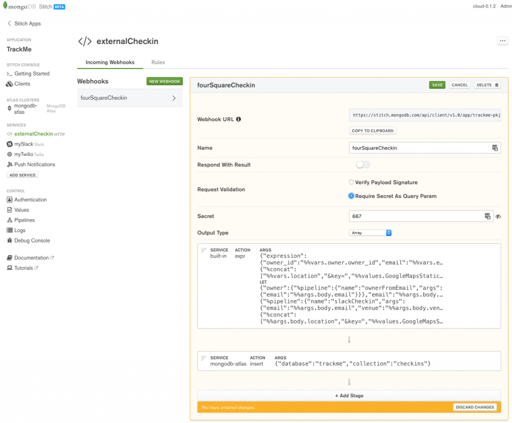 Define fourSquareCheckin WebHook in MongoDB Stitch