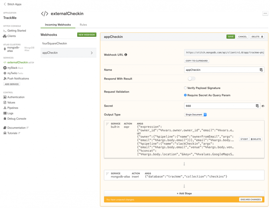 Define appCheckin WebHook in MongoDB Stitch