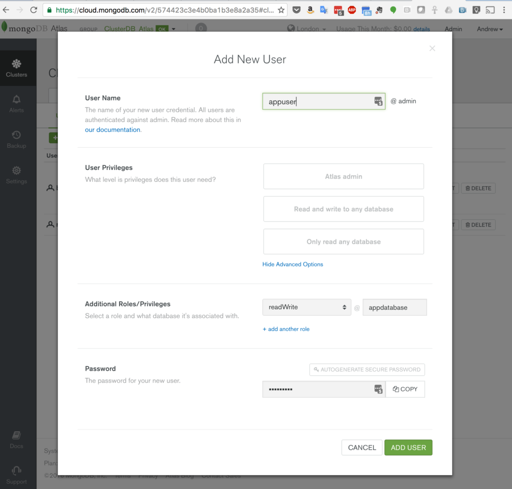 Creating an Application user in MongoDB Atlas