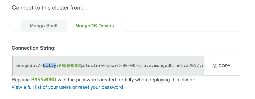 Copy MongoDB Atlas Connection String/URI